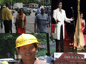 street scene, opera singer, Red House, Chinese worker
