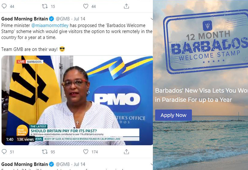 PM Mia Mottley on Twitter and the Welcome Stamp webspage