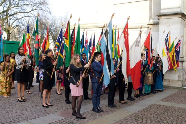 Children with flags from the Commonwealth on Commonwealth Day 2017