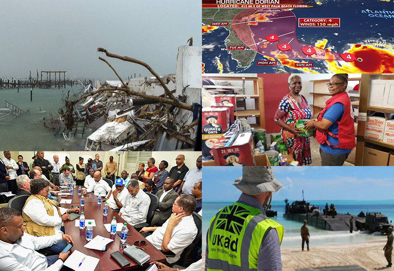 Photos top lefe clockwise UN Photo Mark Garten NASA hurricane image, Bahamas Red Cross, UK Foreign Office aid, CARICOM leaders in the Bahamas