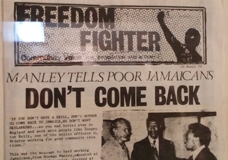 newspaper on Norman Manley telling people to stay in the UK