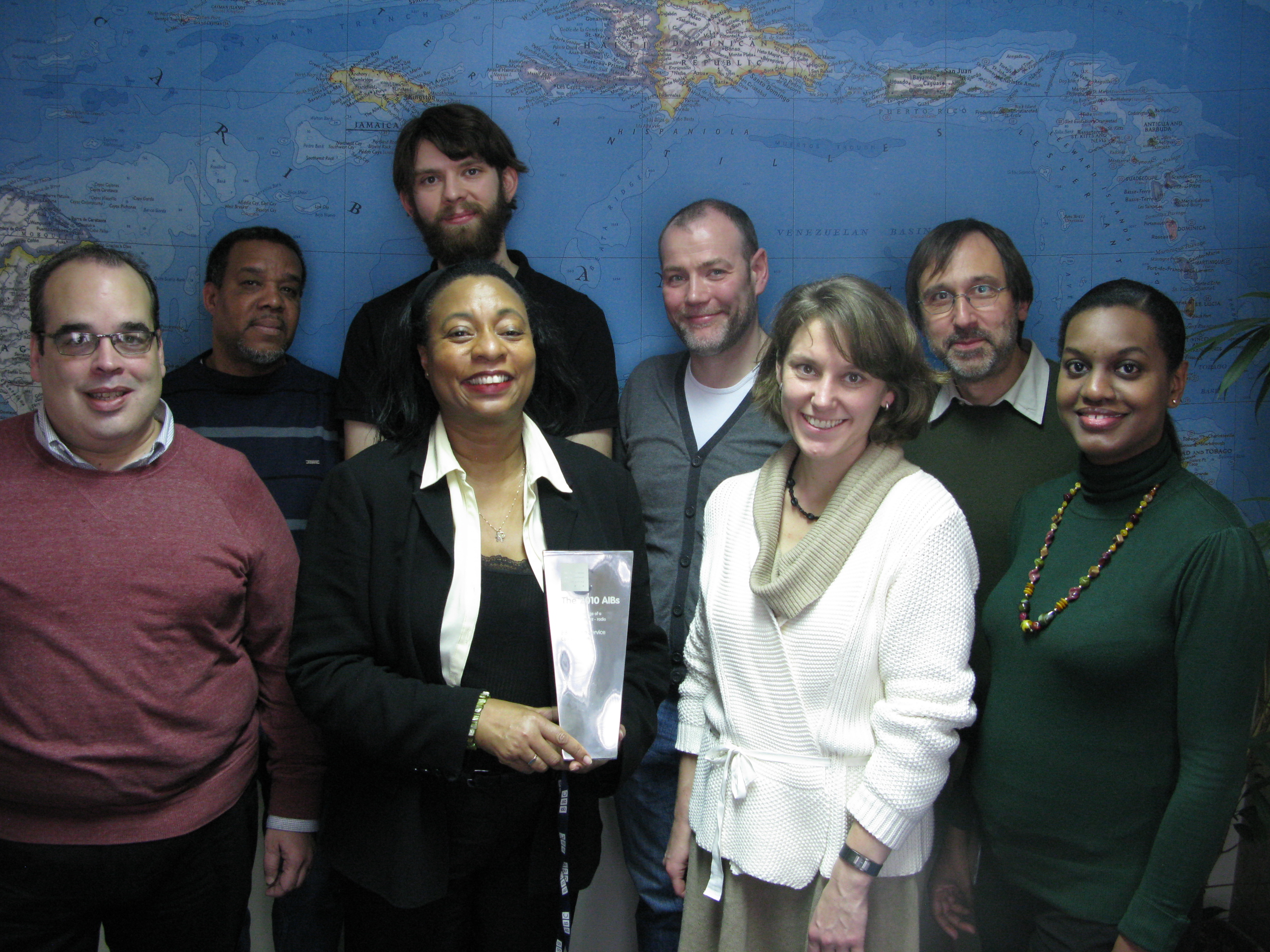 The BBC's Caribbean, newsroom, World Service Trust and technical support team with our AIB award.